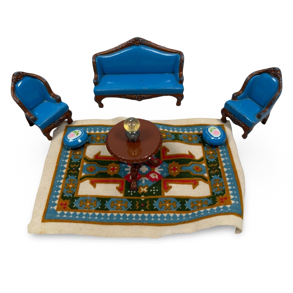 Vintage 1980 Mattel The Littles Diecast Living Room Furniture Rug Set 8pc Blue